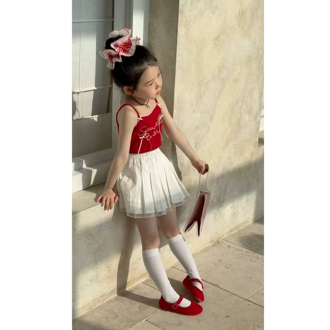 Alice* 628* 茉莉岛女童夏季白色棉布百褶裙