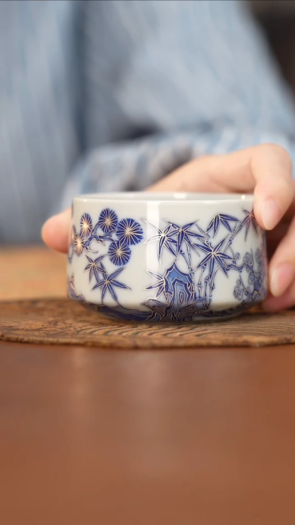杯四景堂青花描银