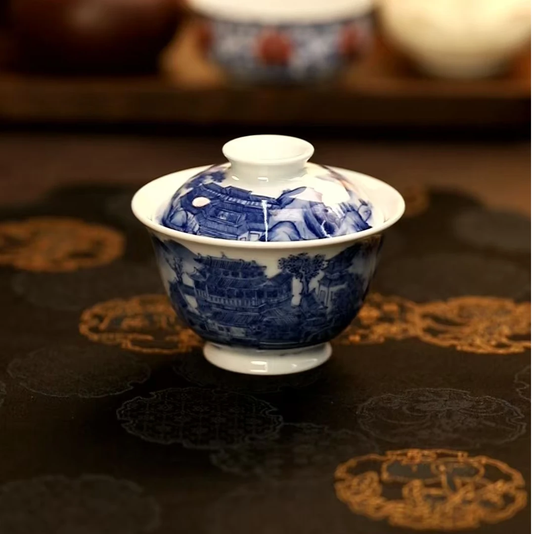 陶瓷青花山水阁楼盖碗
