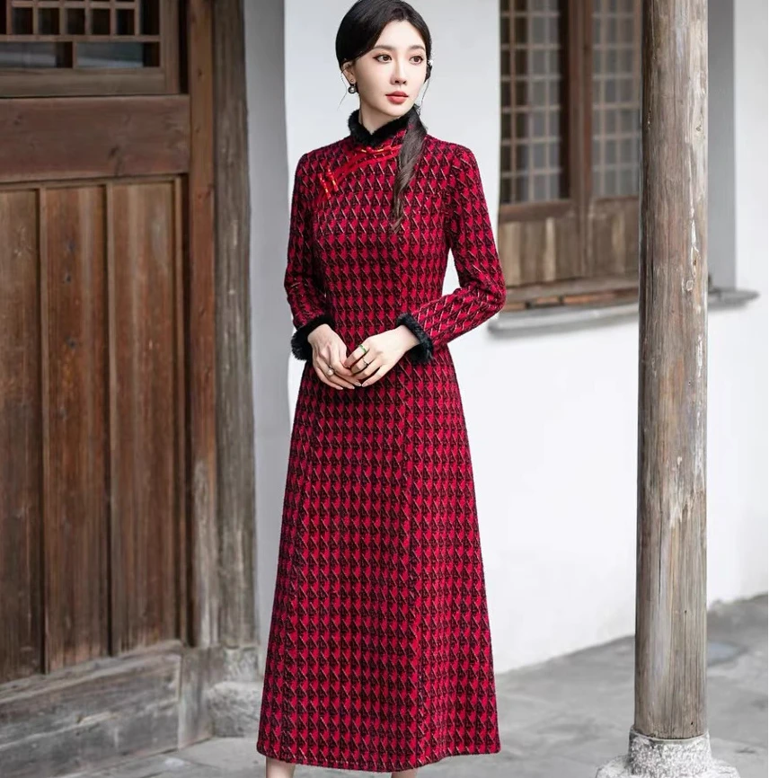 SYGJ-992-冬款千鸟格A版改良旗袍