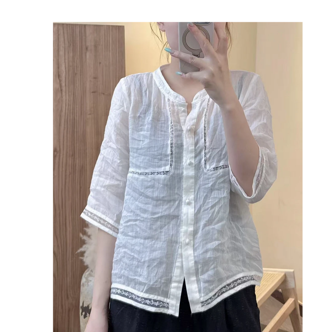 2025夏季纯苎麻蕾丝拼接七分袖包扣圆领上衣1173