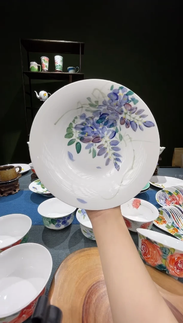 盘景德镇高温釉下彩7.5英寸草帽盘紫藤花