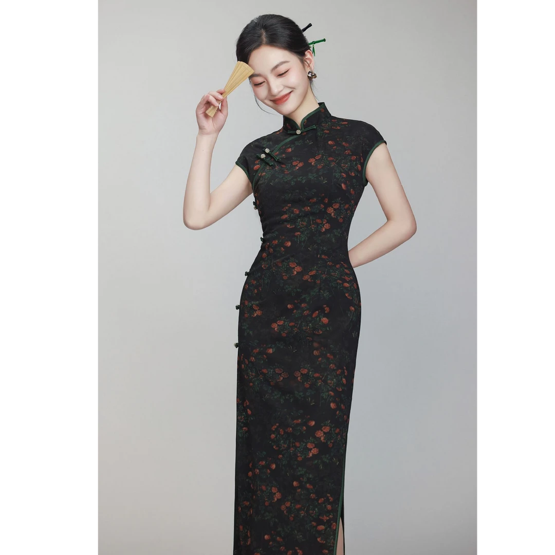 【心懂旗袍—黑沙】黑色碎花复古减龄无袖长款旗袍中国风