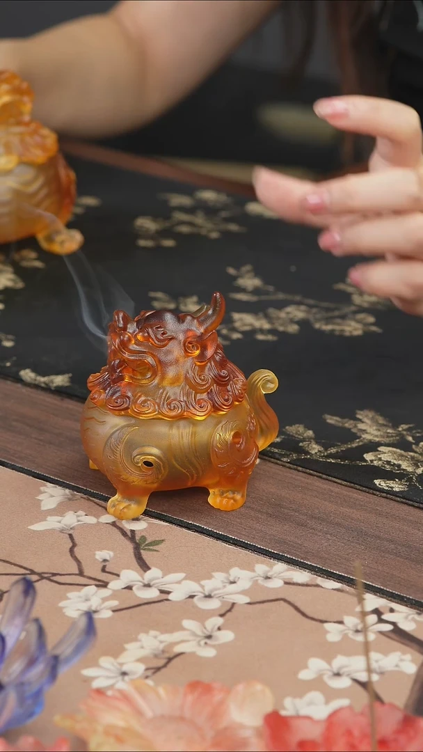 手工艺品琉璃黄色狻猊香炉小号