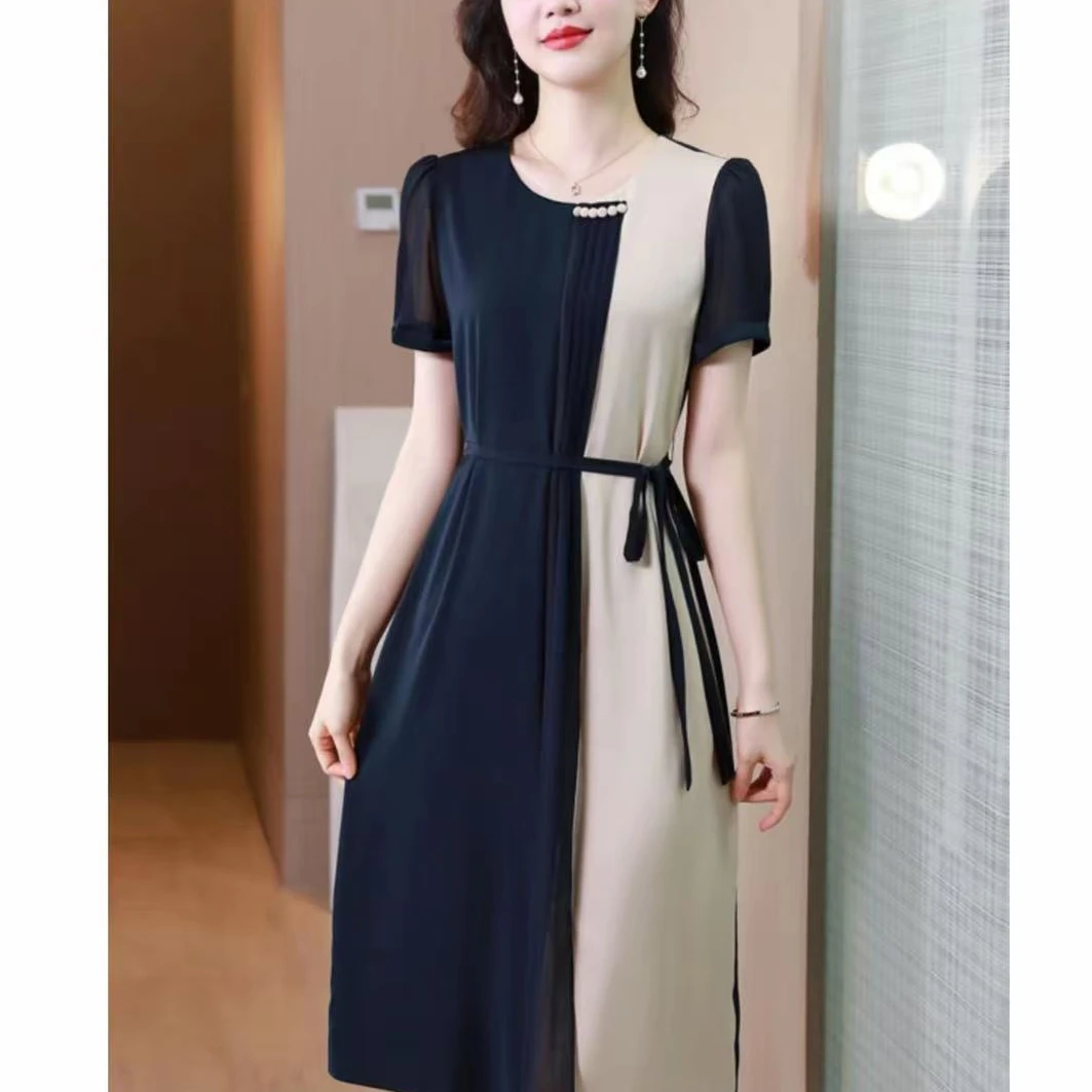 【撤柜断码甩】M1707女装拼色连衣裙气质时尚休闲中长款裙子潮