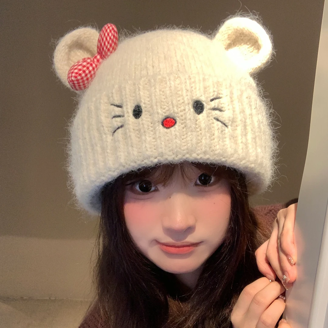 可爱kitty猫针织毛线帽女秋冬保暖百搭大头围显脸小护耳包头帽子