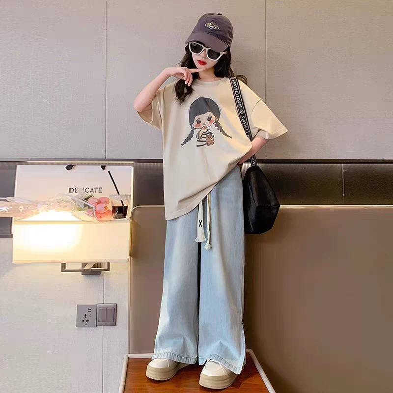 女童春夏开叉牛仔阔腿裤A2-4-3