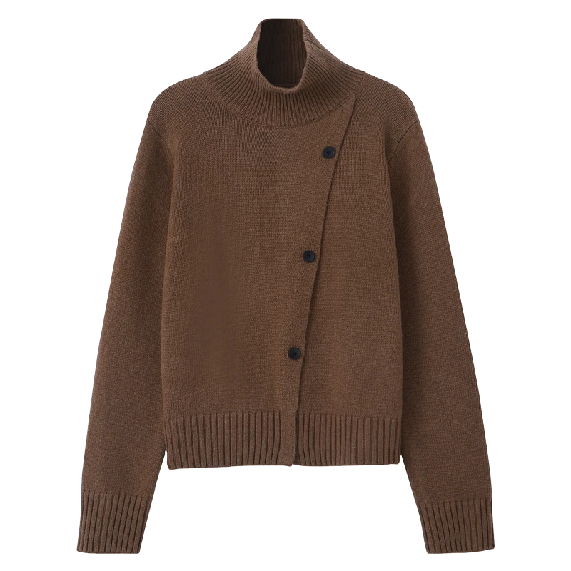 2025新时尚高领侧排扣全羊毛针织开衫女秋冬新款别致设计毛衣外套