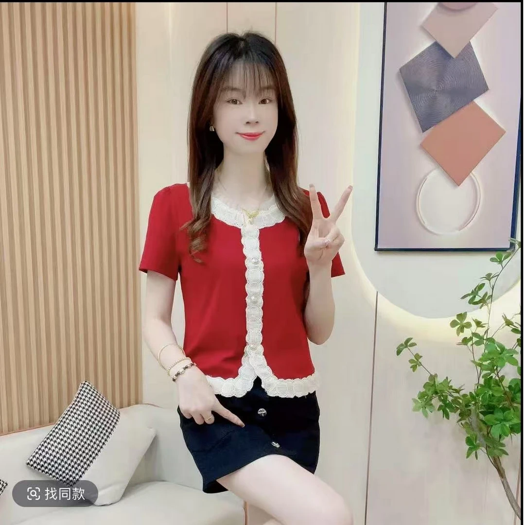 小香风蕾丝花边上衣女夏季新款修身短袖T恤遮肉气质小上