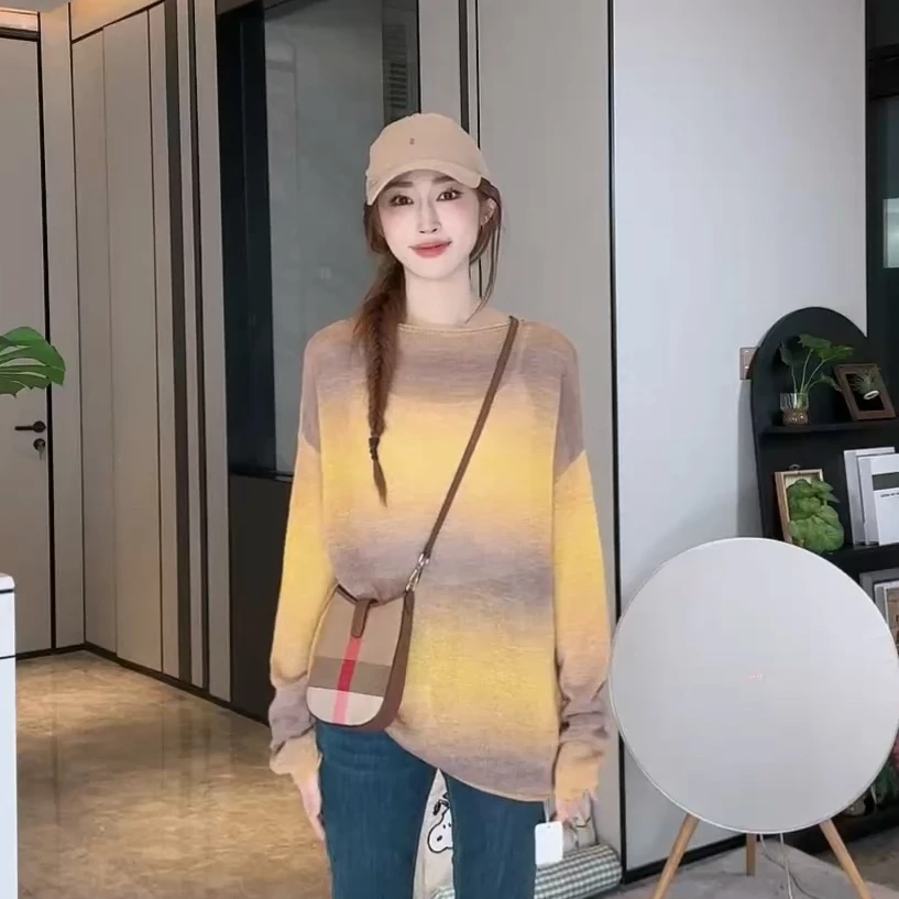 PCNY「焦糖年轮」不理理夏季新款小众女装渐变晕染撞色长袖针织上衣