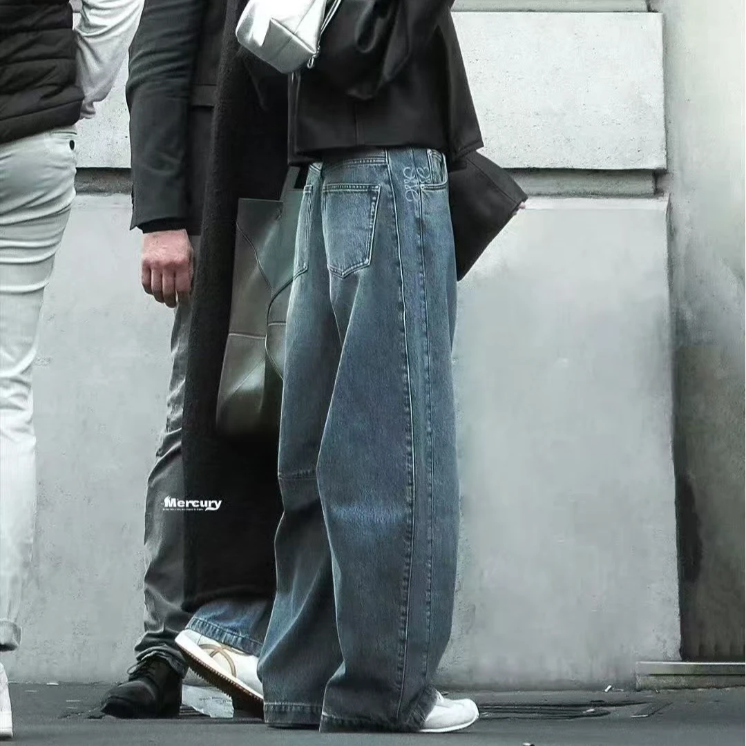 罗？威杨幂2025秋季新款复古高腰显瘦宽松弯刀蓝色阔腿牛仔长裤女