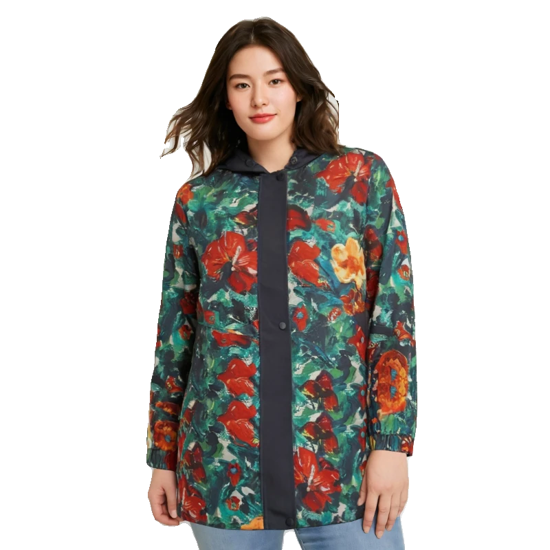 胖太太大码女装秋季新款时尚花朵图案中长风衣外套宽松824307511