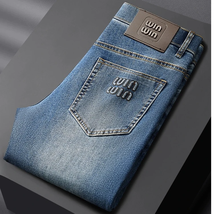 约文库费高端时尚春夏季男士牛仔裤水洗蓝色弹力休闲裤潮流高端款