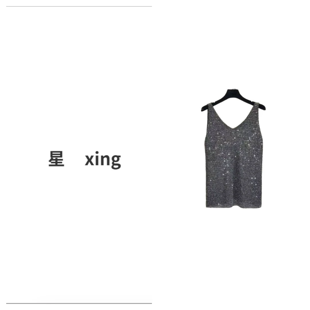 136三角金属烫钻夏装新款薄款满天星针织背心吊带上衣54080
