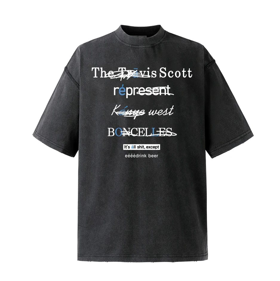 【BONS纯棉 短袖】 280克重磅水洗美式T恤宽松做旧字母短男女