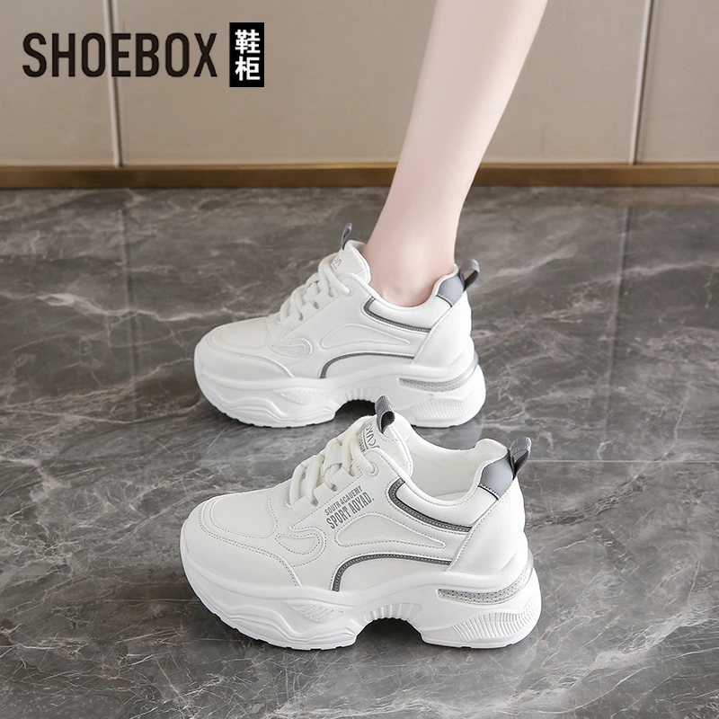 SHOEBOX鞋柜厚底显高老爹鞋2025新款圆头小白鞋百搭休闲运动鞋