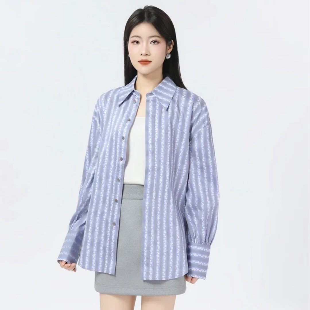 AMASS/阿玛施舒适感防晒宽松版型单排多扣条纹碎花衬衫530052