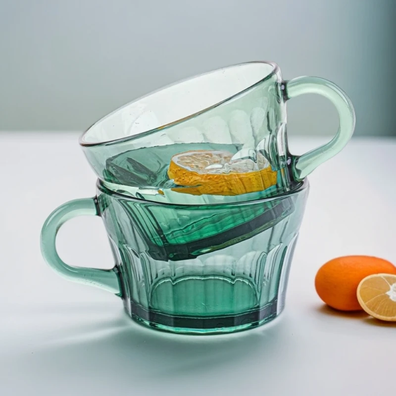 【2只】湖绿早餐杯400ml 高硼硅玻璃杯带把手水杯茶杯微波炉果汁杯