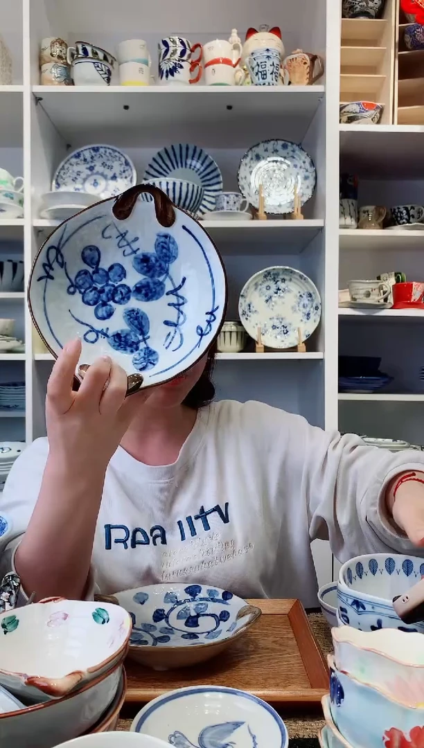 陶瓷葡萄花双耳盘