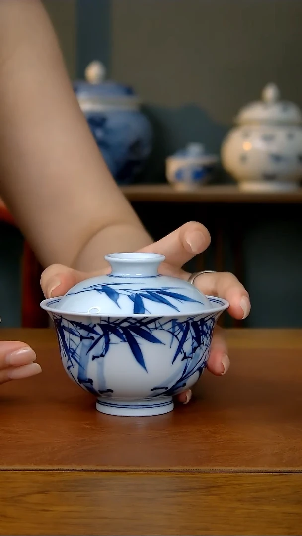 陶瓷写意竹子两才盖碗