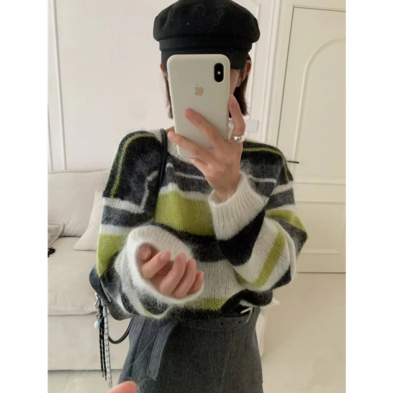 慵懒风撞色圆领长袖毛衣女百搭宽松显瘦套头针织上衣