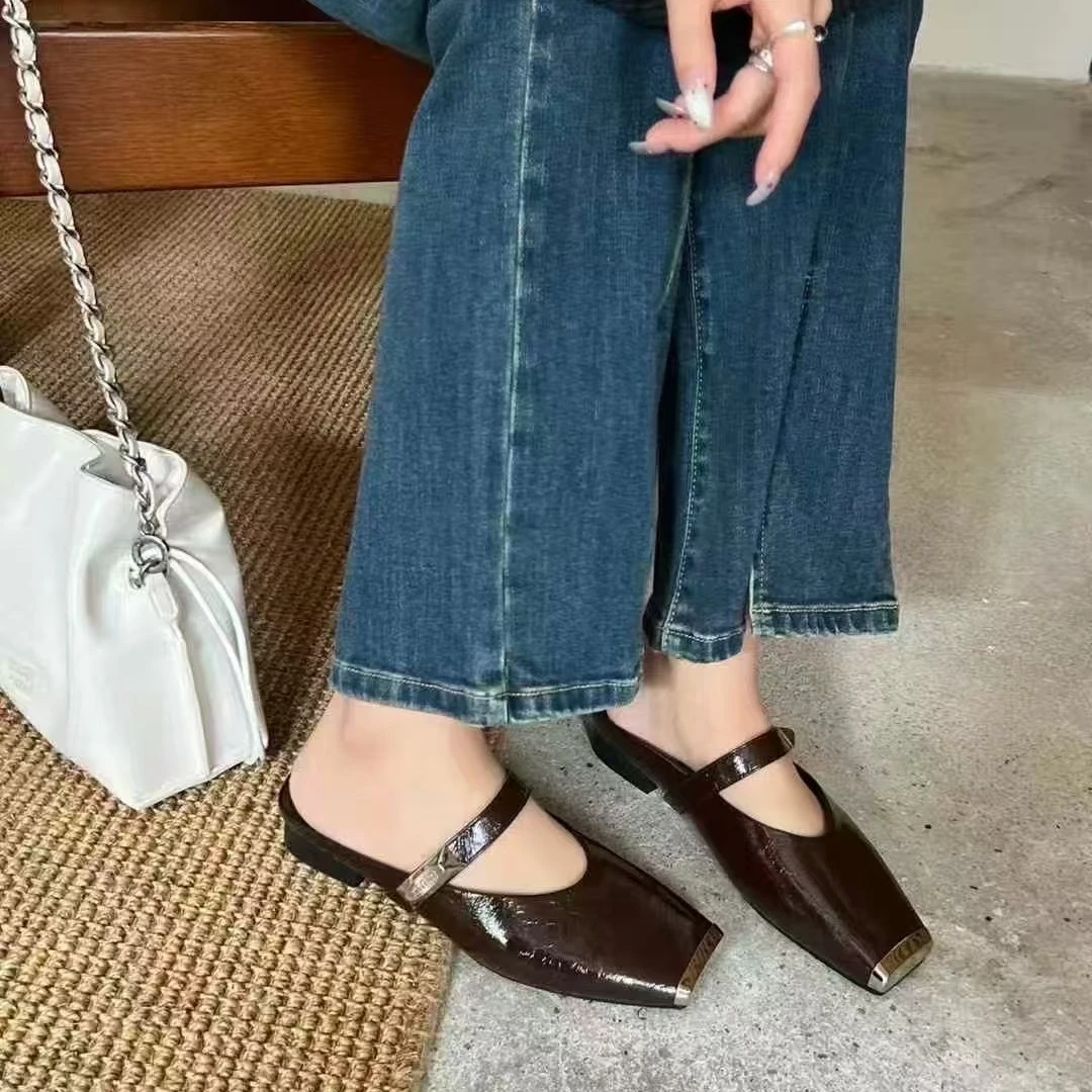 复古外穿包头拖鞋女2025新款百搭金属方头懒人半单鞋LM 2692