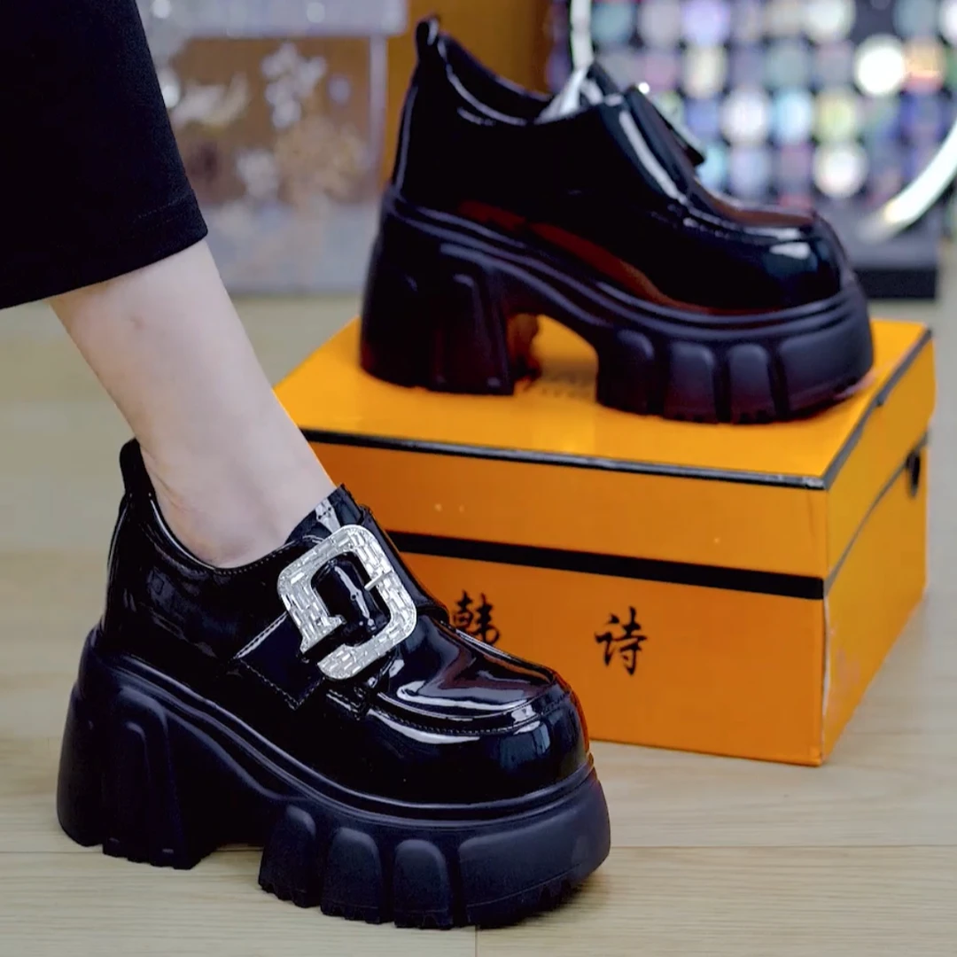 9cm水钻厚底增高乐福鞋2025秋季新款时尚小个子粗跟休闲单鞋百搭