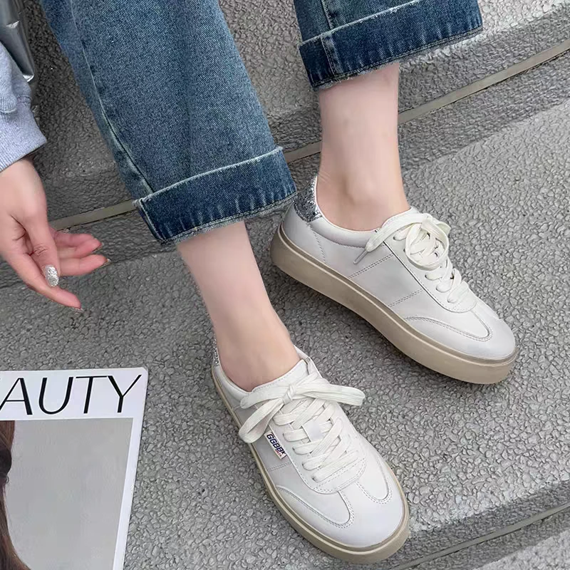2025韩版做旧真皮脏脏鞋银尾平底系带小白鞋休闲运动超软大底1565