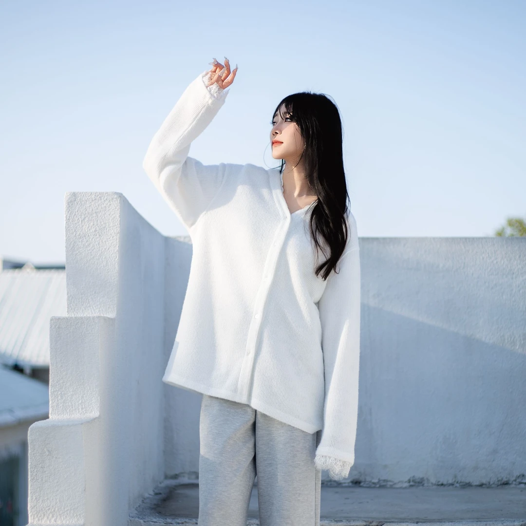 新款女式长袖家居服套装春秋季休闲蕾丝边羊毛针织衫