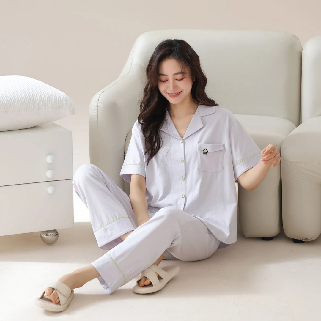 清新家居服套装睡夏季大码套装简约夏天翻领舒适5501