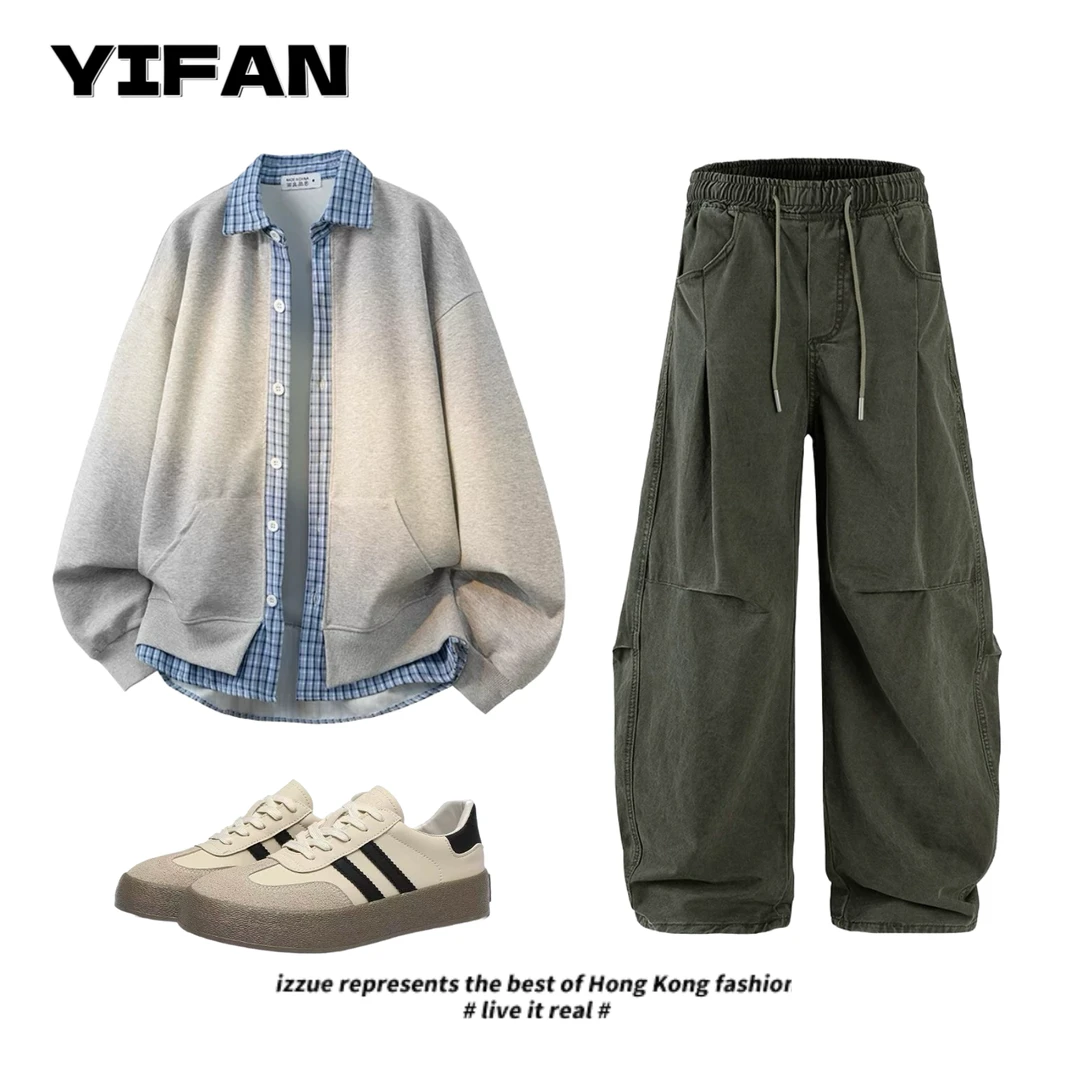 美式复古假两件卫衣开衫男款秋季格子拼接cleanfit慵懒风情侣外套