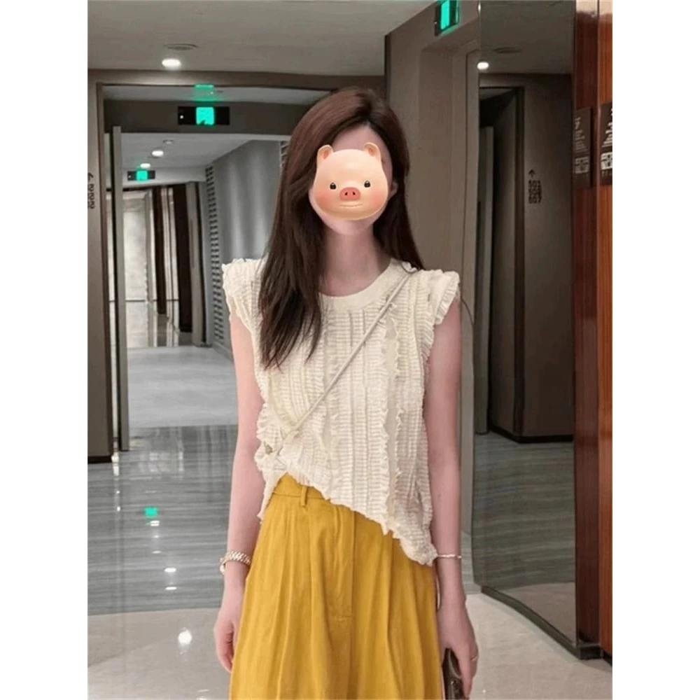 小香风木耳边无袖衬衫女装夏季大码胖mm独特别致漂亮好看小衫上衣