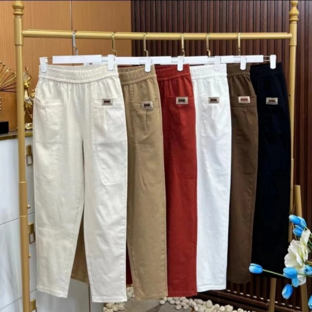 中年妈妈女裤春秋休闲裤新款2024松紧腰弹力斜纹棉宽松哈伦裤长裤