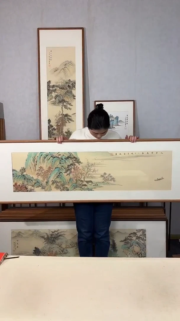 国画手绘*泛舟访友*52*172cm带框发货