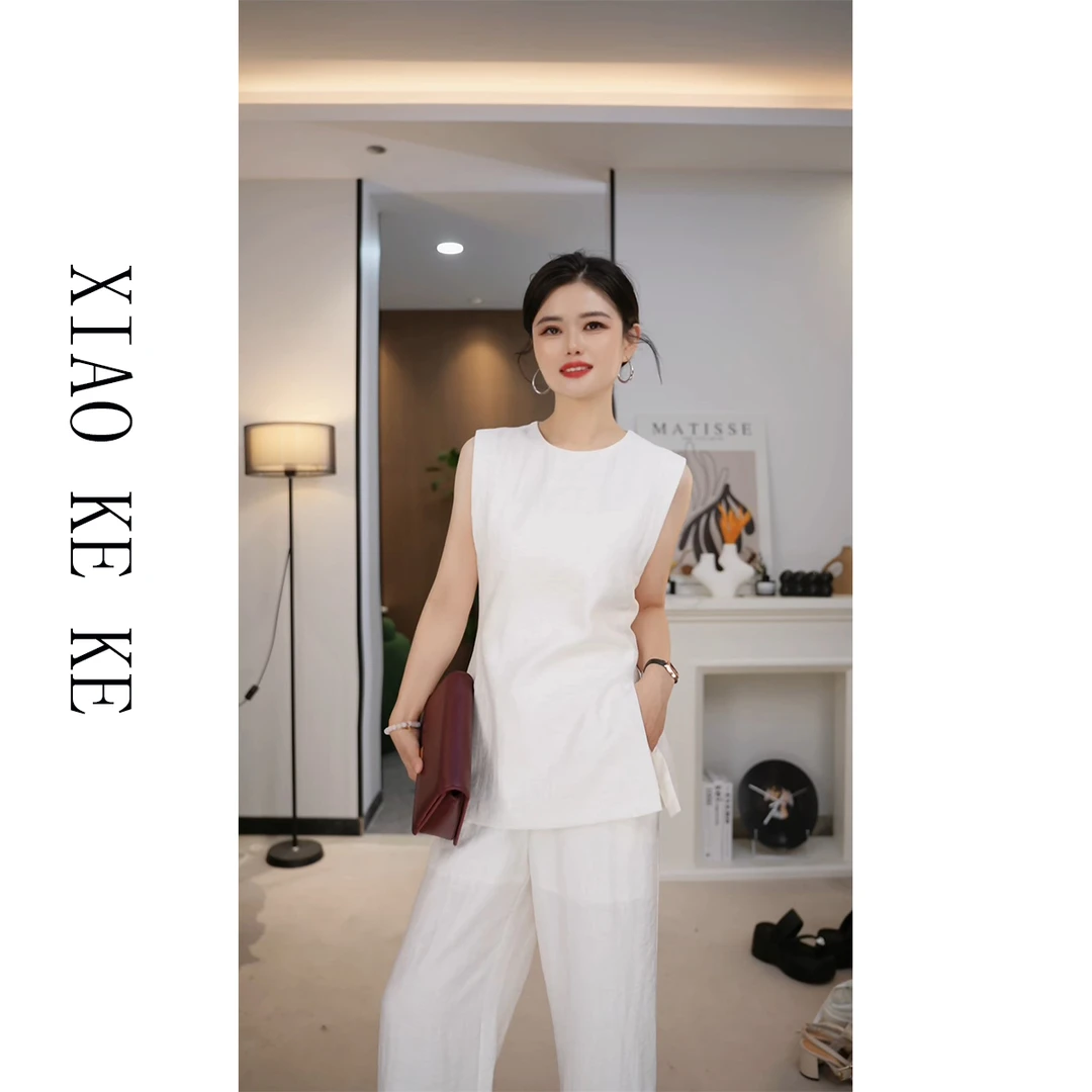 亚麻套装女2025夏季圆领无袖马甲九分裤两件套女