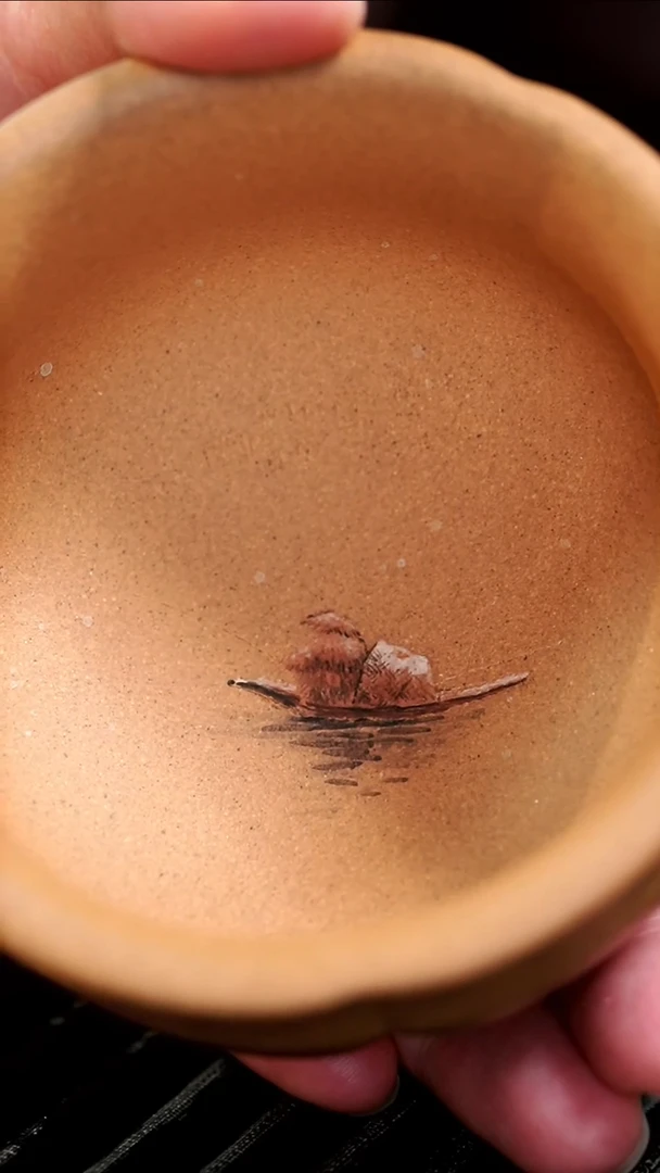 【闪购商品】紫砂茶壶22-段泥刻绘+泥绘孤舟精品主人杯