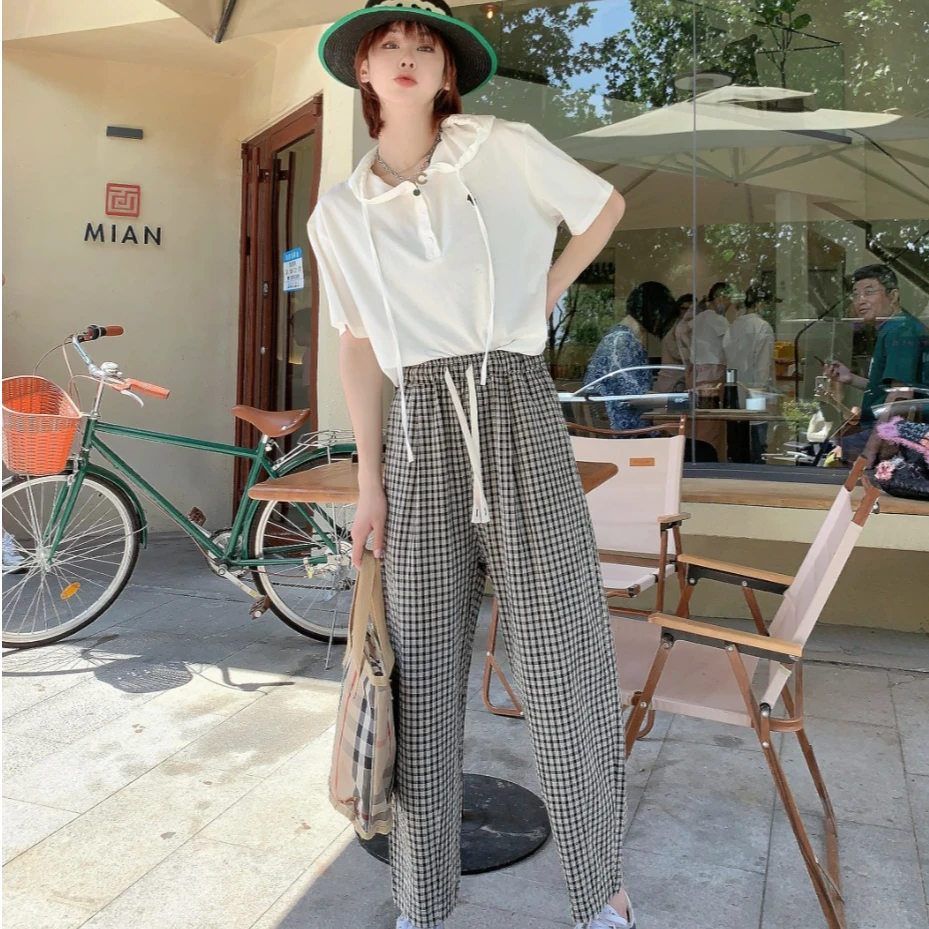 菲菲惊喜社-水洗棉格子裤 女款薄款高腰慵懒风阔腿裤