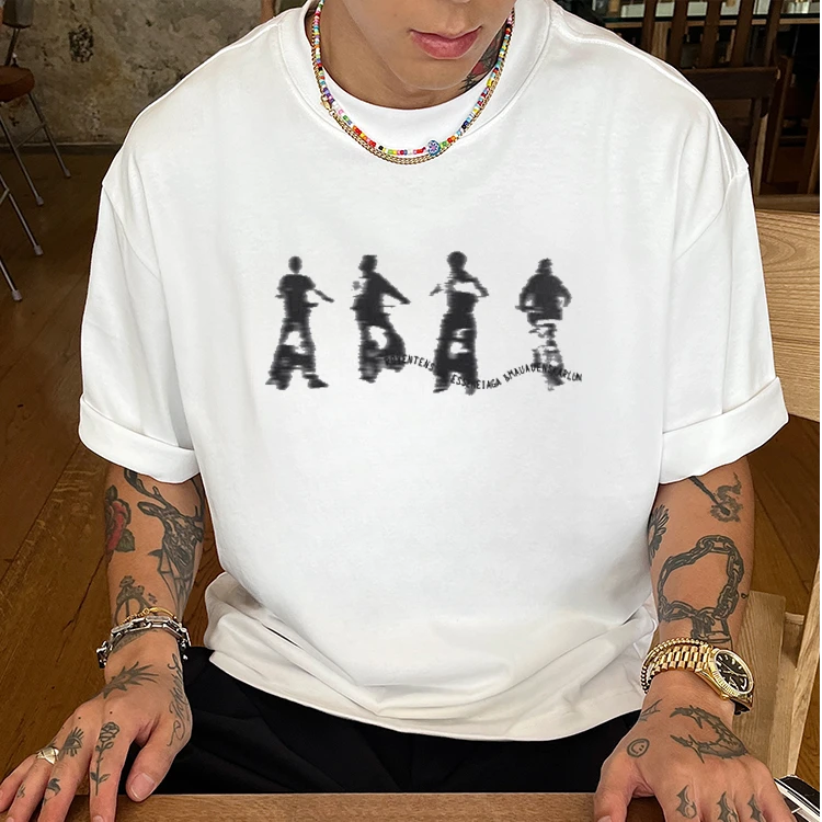 夏季新款潮流小众高级感短袖骑行人物印花圆领百搭纯棉T恤上衣