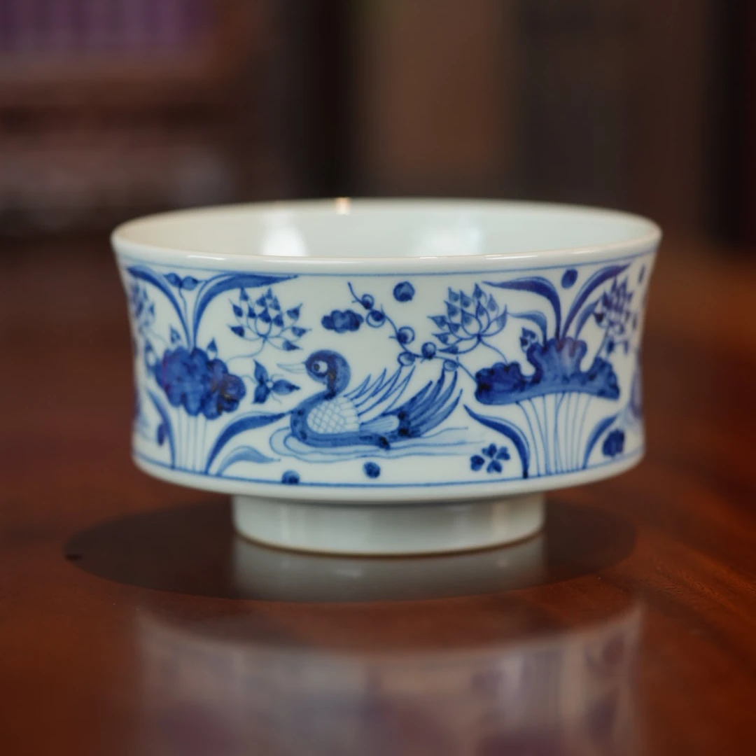 【宝荣窑】青花系列 莲池鸳鸯水洗 建水 （口径14.5cm 满容700cc）131