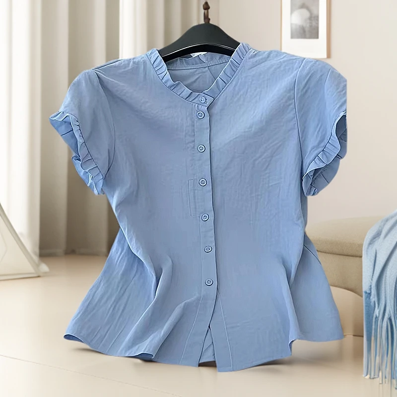 今年流行爆款多巴胺蓝色短袖衬衫2025夏季新款洋气小衫洋气上衣女