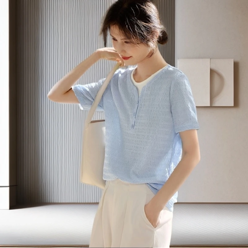 【雅岚女装】时尚洋气显瘦假两件拼接拼色肌理短袖T恤针织夏季薄款