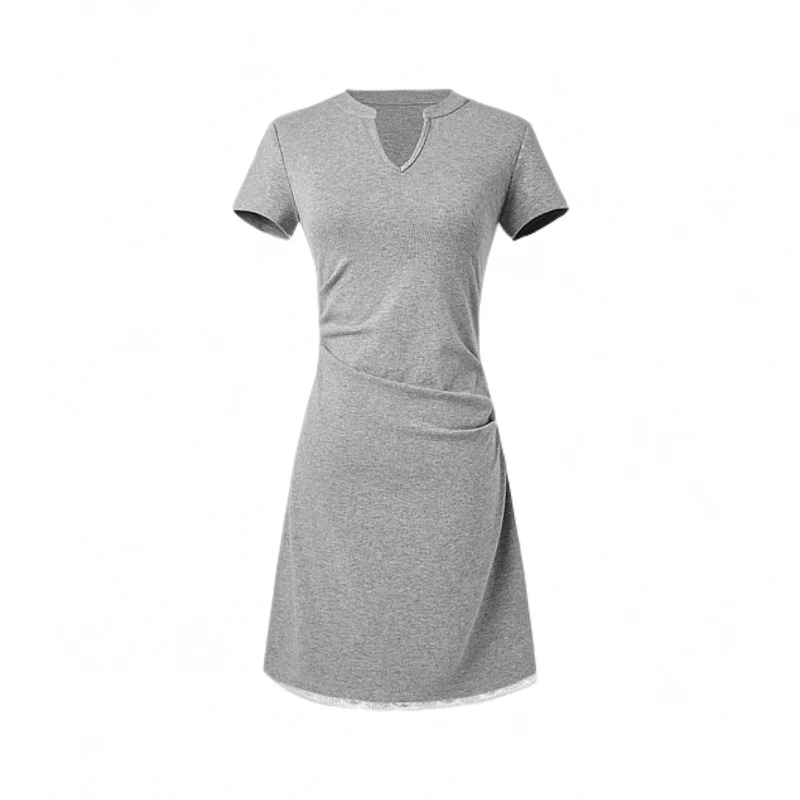 UNIEDOUR/优尼朵法式休闲气质捏褶V领短袖连衣裙瘦腰短裙8069