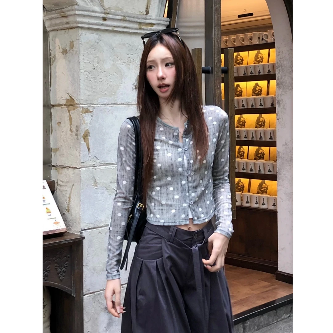 早秋新款印花波点短款长袖针织开衫小众辣妹L3863