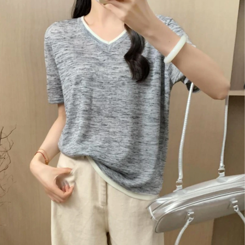 2025夏季做旧V领学院风毛针织衫韩版针织衫气质女装-5053