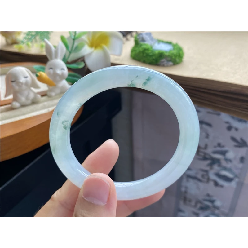 天然翡翠812批次冰飘花圆条6716号53.9-9天然翡翠手镯
