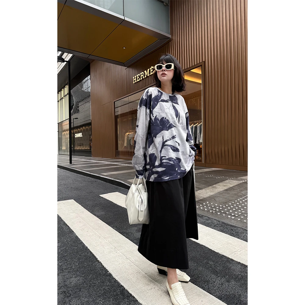 LA CALLA比利时印花简约好穿廓形长袖T恤YY51-2181