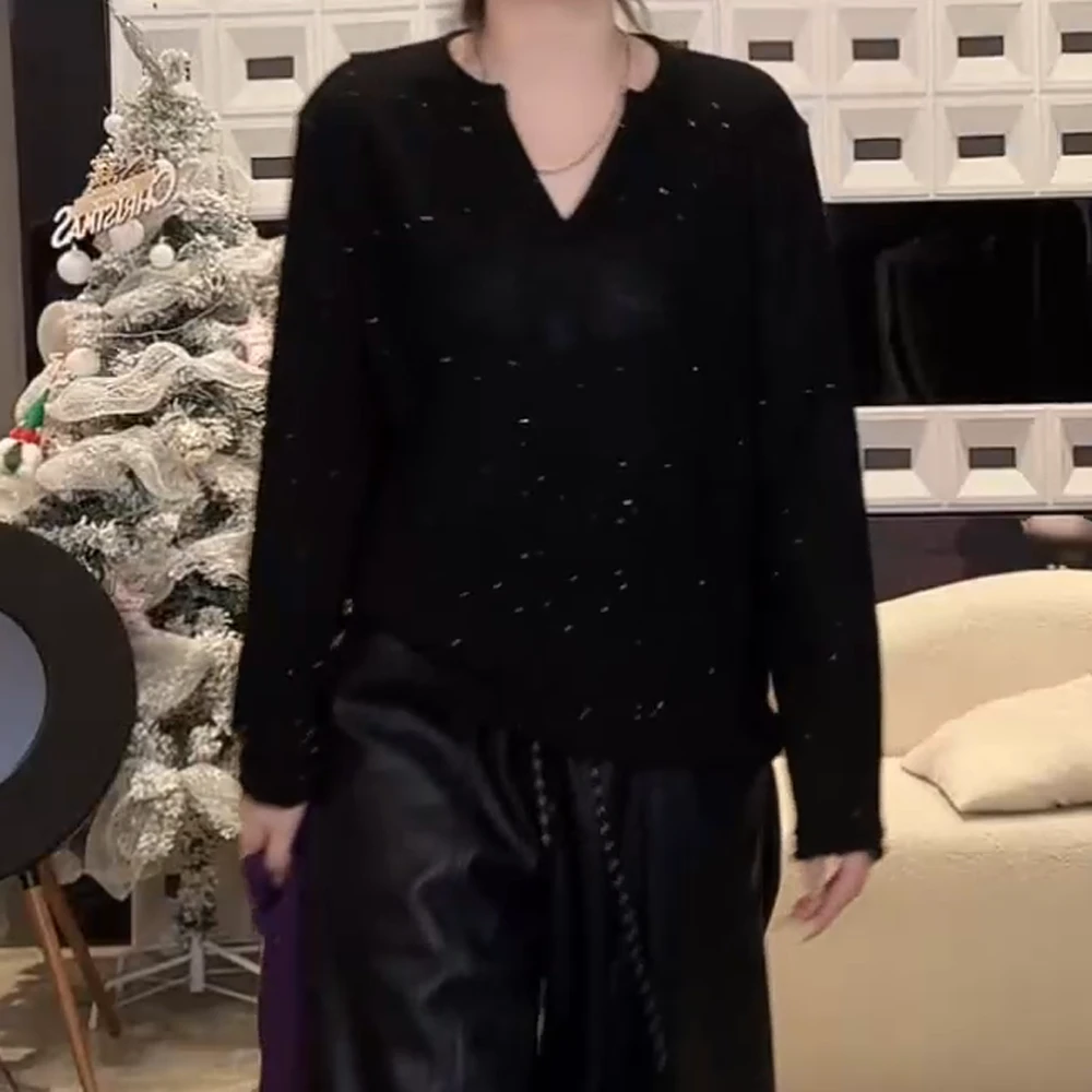 2025春装新款休闲百搭慵懒风上衣繁星点点毛衣针织衫黑色上衣