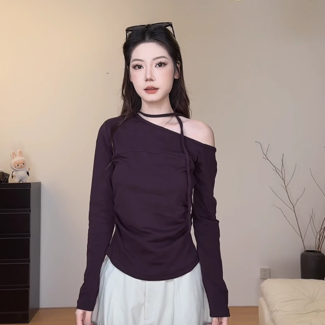 （6-8运贴）2025初秋上新露肩斜肩褶皱收腰韩系百搭高弹力上衣
