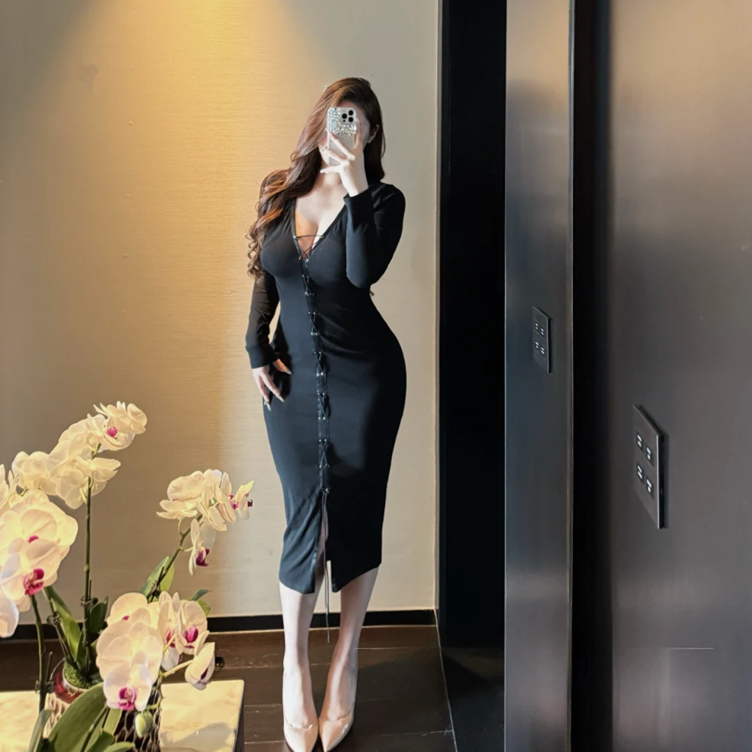 【现货】胖婷大码定制胖mm「性感尤物」V领针织排扣修身显身材连衣裙
