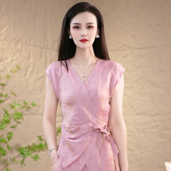 夏季新款时尚洋气新中式透气舒适清凉显瘦套装两件套